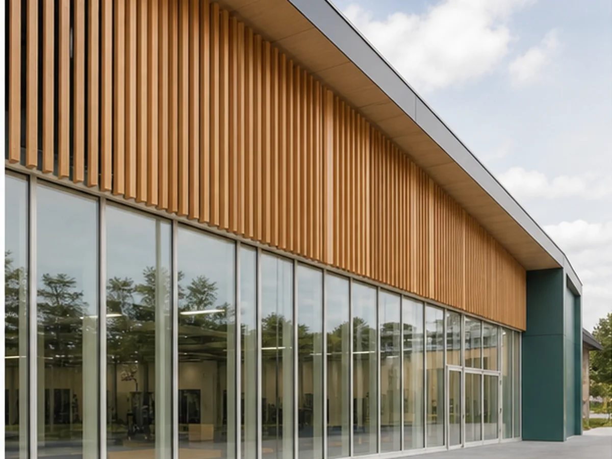 Moderne Sporthalle mit Holzlamellen und Glasfront